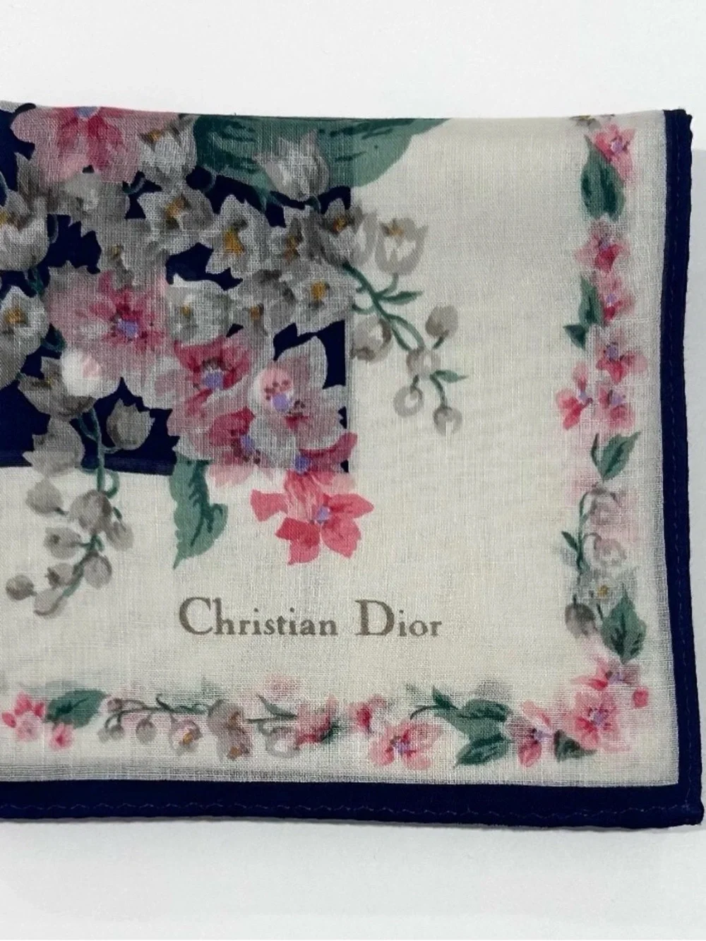 WOMEN HANDKERCHIEF CHRISTIAN DIOR Floral Blue Polka Dot Bandana Scarf COTTON 18”